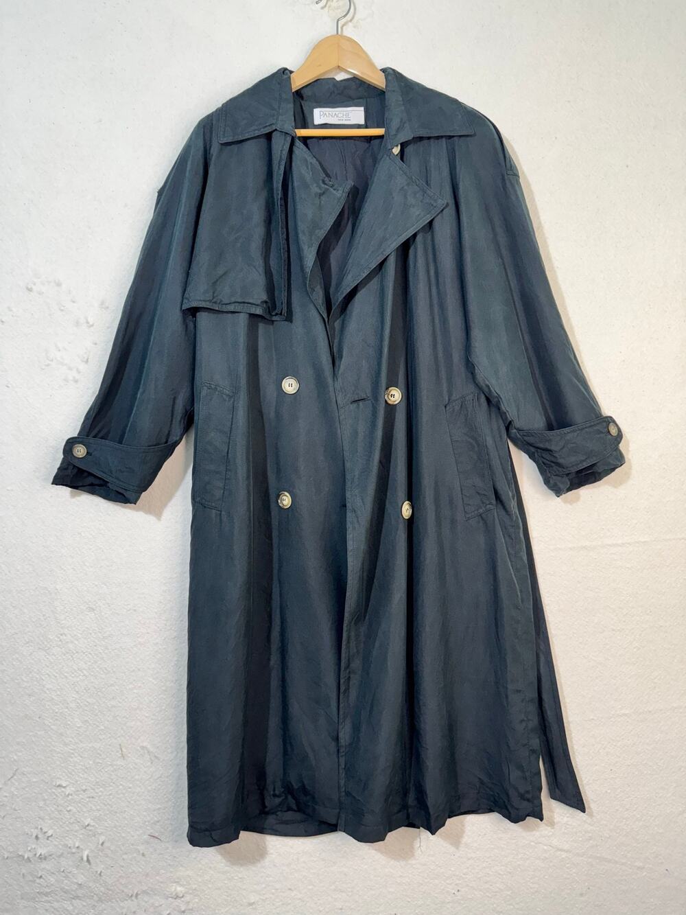 Panache New York Double-Breasted Black Silk Trench Coat Jacket Medium USA Union